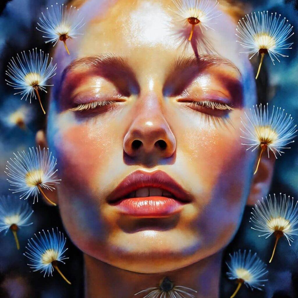 Glowing face under soft light, seed pods float like stars, violet and tangerine hues.