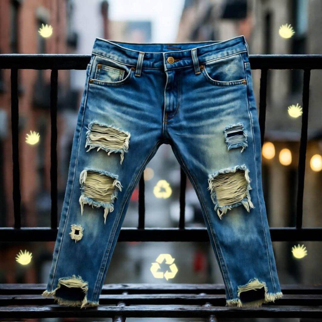 Patched jeans dry on Brooklyn fire escape, glowing firefly-recycle icons.