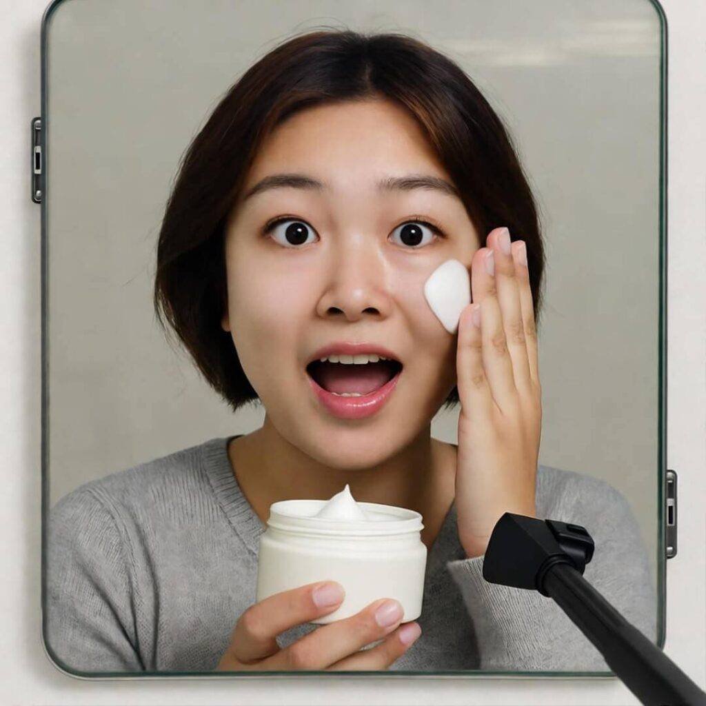 Mirror selfie of Peppy mid-slather, surprised grin, tilted angle, jar nearly dropped.