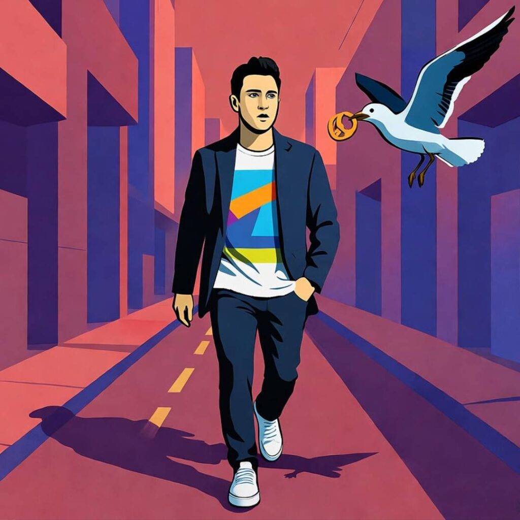 Dude strutting in city, blazer and tee, seagull snags pretzel, red and purple pop-art.