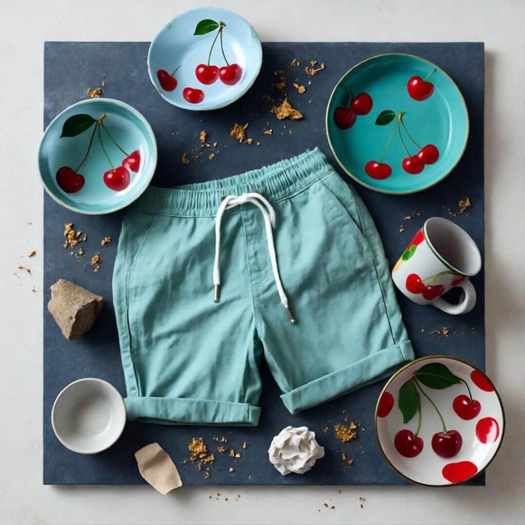 Cherry-patterned dishes, green shorts, and scattered crumbs on a tray.