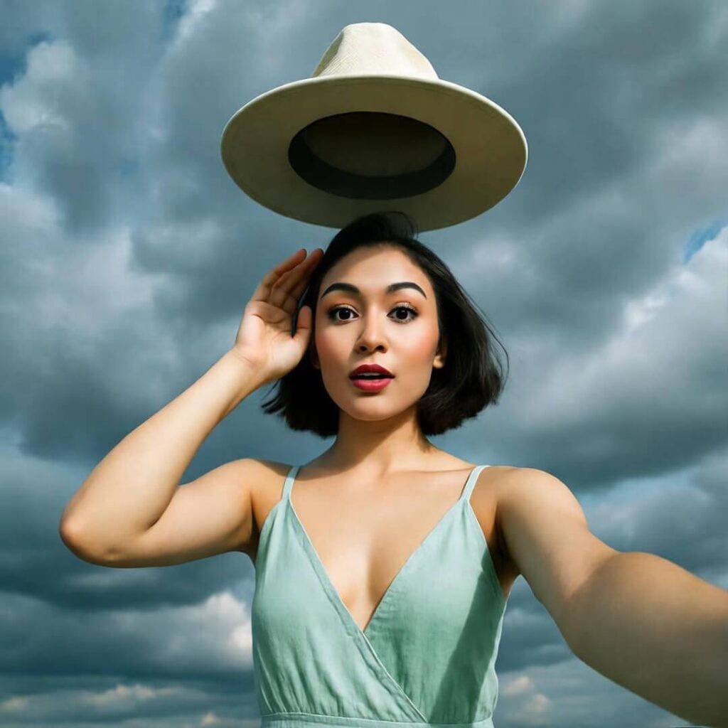Woman in green romper, hat flying off, selfie against stormy sky with greens and blues.
