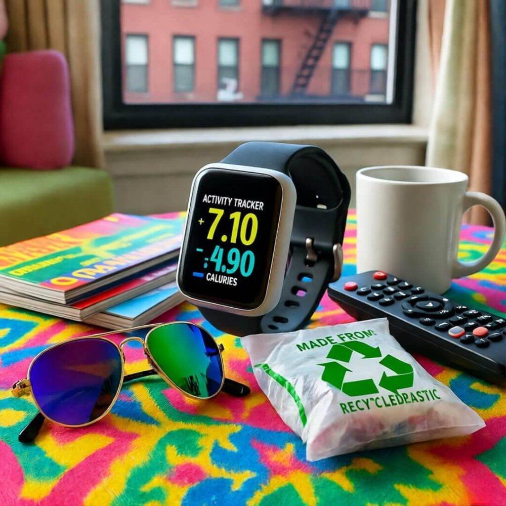 Messy pile of wristband, shades, and recycled bag on colorful coffee table.
