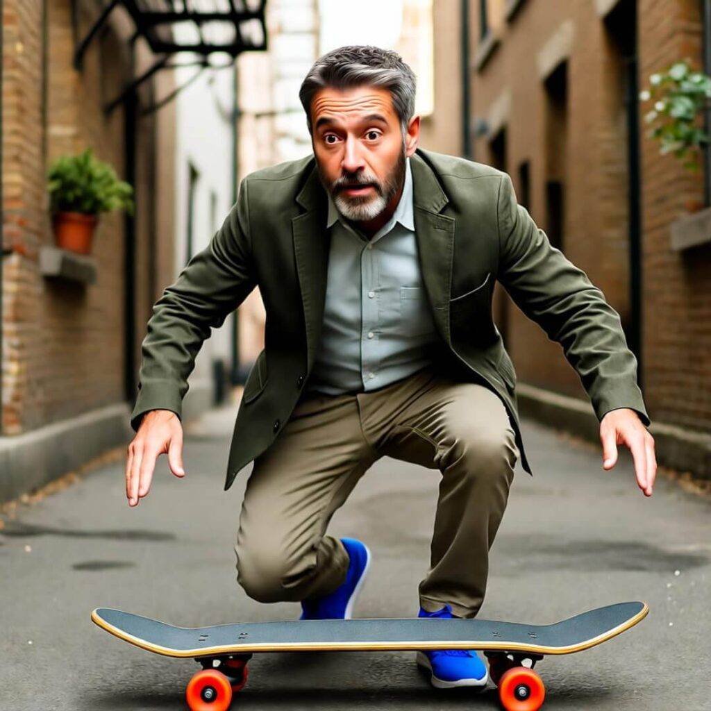 Guy in chinos and olive blazer trips over skateboard, blue shoes pop.