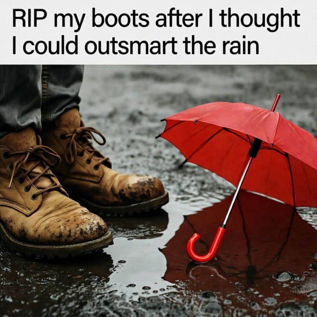 Ruined suede boots by muddy puddle, red umbrella reflects, vintage grainy style.