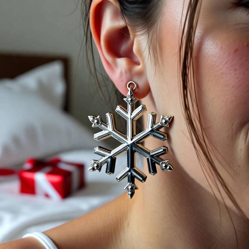 Close-up of person with snowflake earring caught in hair, messy bedroom with wrapping paper.