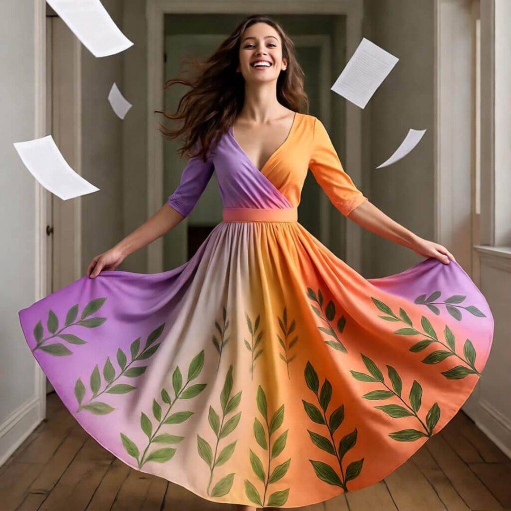 Person twirling in bright dress, papers flying in office hallway, vibrant colors.