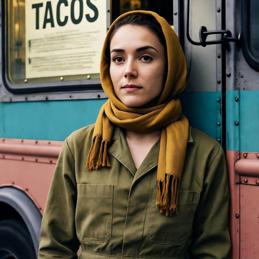 Person in olive jumpsuit, loose yellow scarf, slouched by taco truck, blurry urban shot.