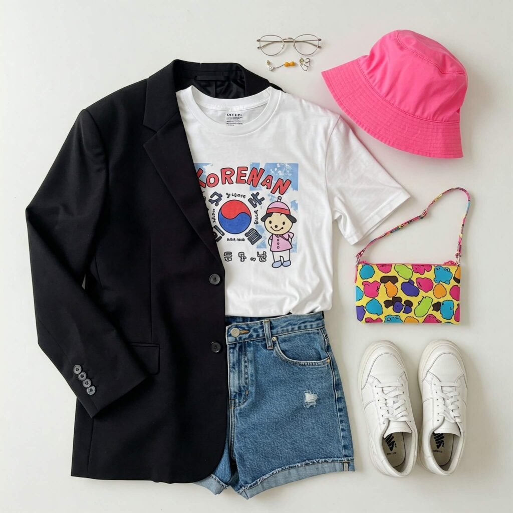 Korean outfit flat lay: blazer, tee, bucket hat.