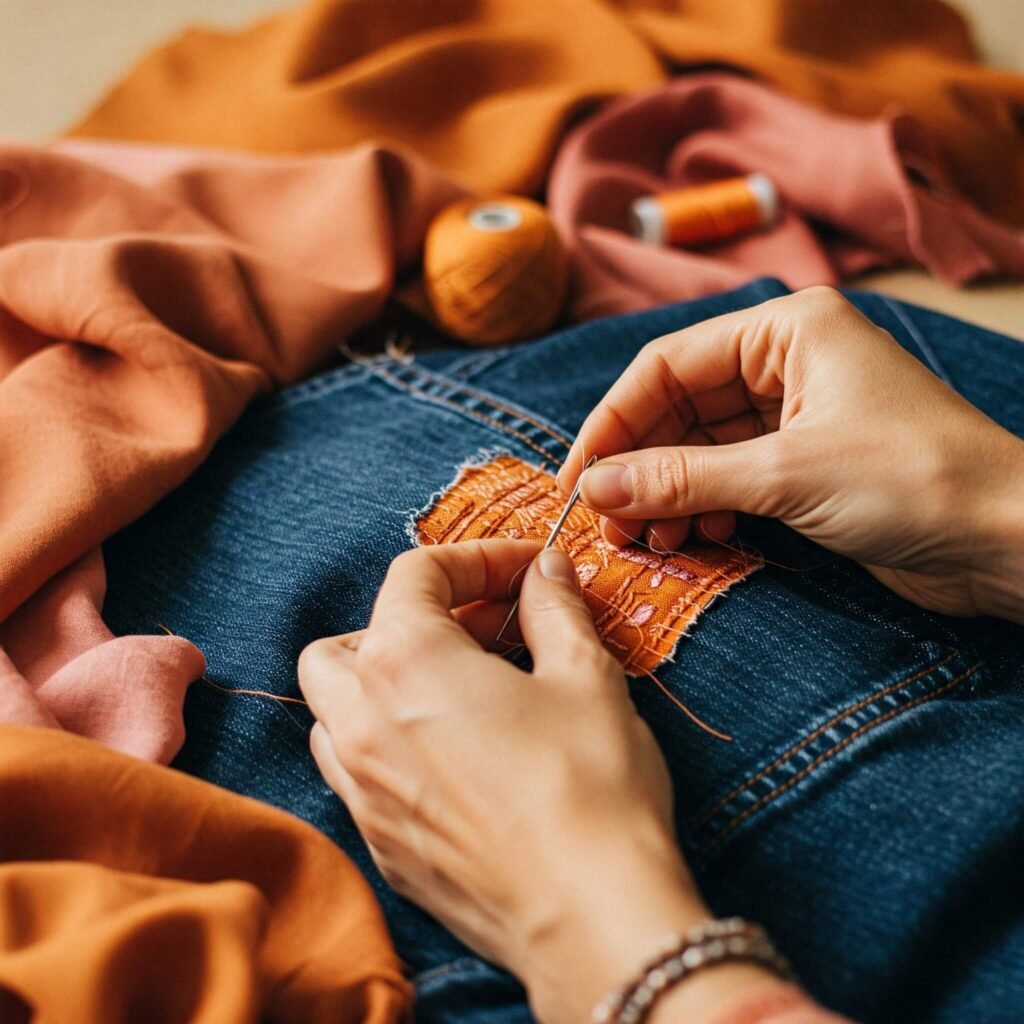 Hands Sewing Patches on Jeans