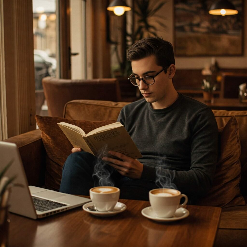 Reading at cozy coffee shop.