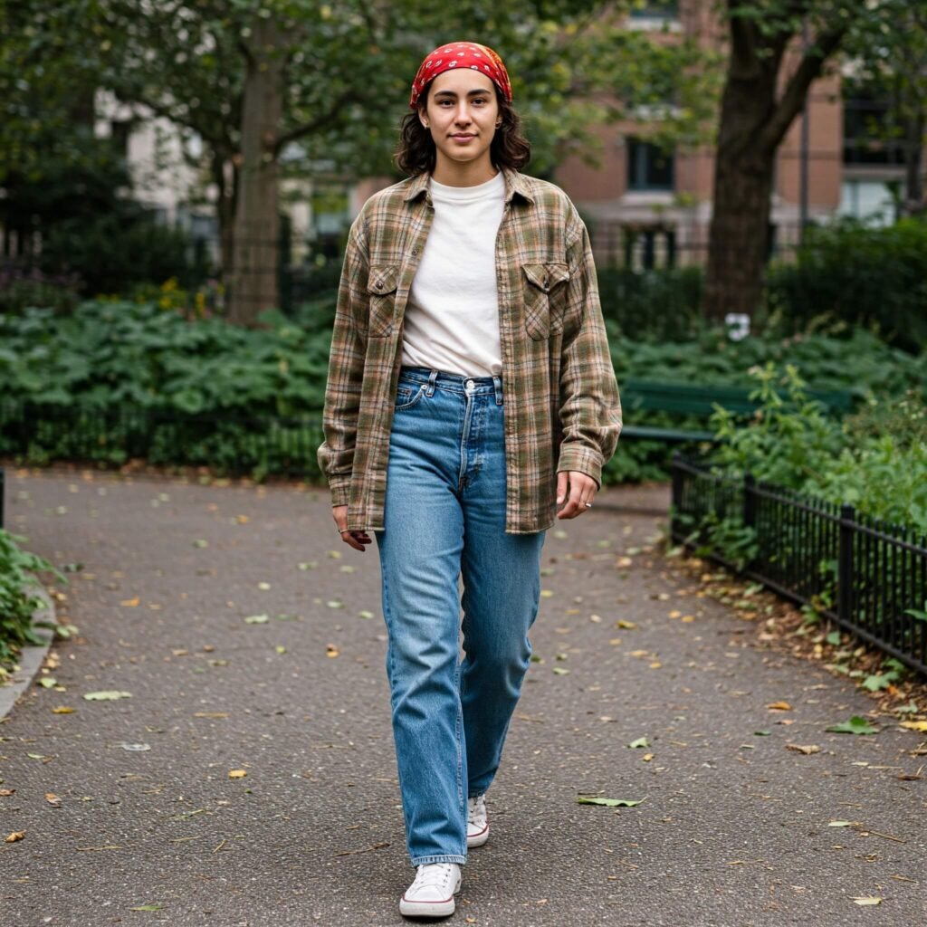 Vintage 90s plaid shirt and 60s headscarf.