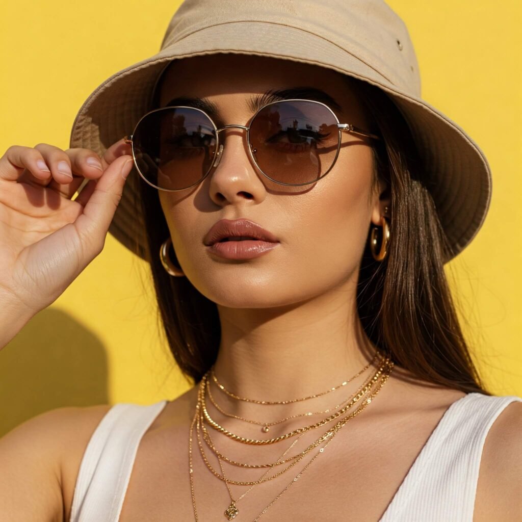 Woman with bucket hat sunglasses necklaces
