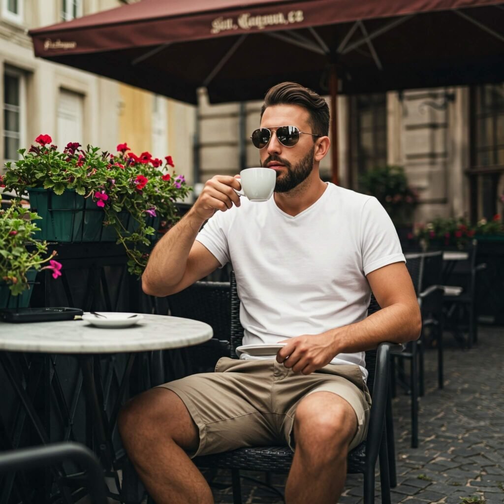 Man sipping coffee at outdoor café.