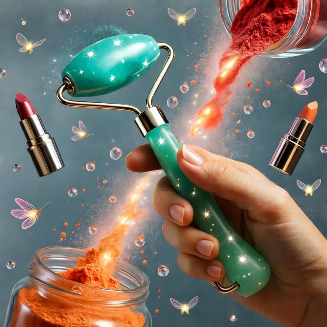 The Best Organic Beauty Products for a Toxin-Free Glow Hand holds star-etched jade roller, jars spill shimmery powders, floating lipsticks, petals glow in teal, coral, lavender haze.