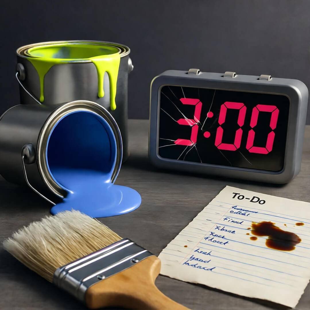 Time Management for Creatives: Be Productive Without the Burnout Cluttered desk with tipped paint cans, 3 a.m. clock, coffee-stained to-do list, sock on brush.
