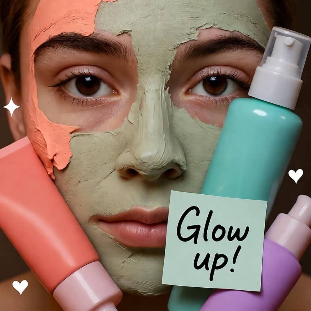 The Skincare Routine That Saved My Face (Derm-Approved) Close-up face with patchy clay mask, colorful skincare bottles, "Glow up!" note, heart sparkles.