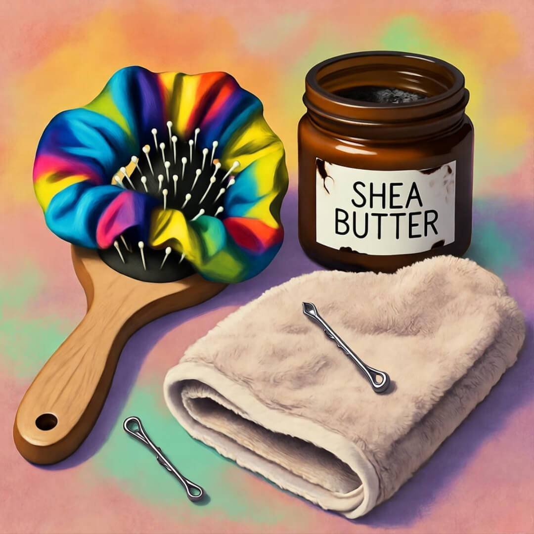 Haircare Secrets Every Woman Should Know by 30 Colorful scrunchie tangled in hairbrush, chipped shea butter jar, crumpled towel, quirky bobby pin.