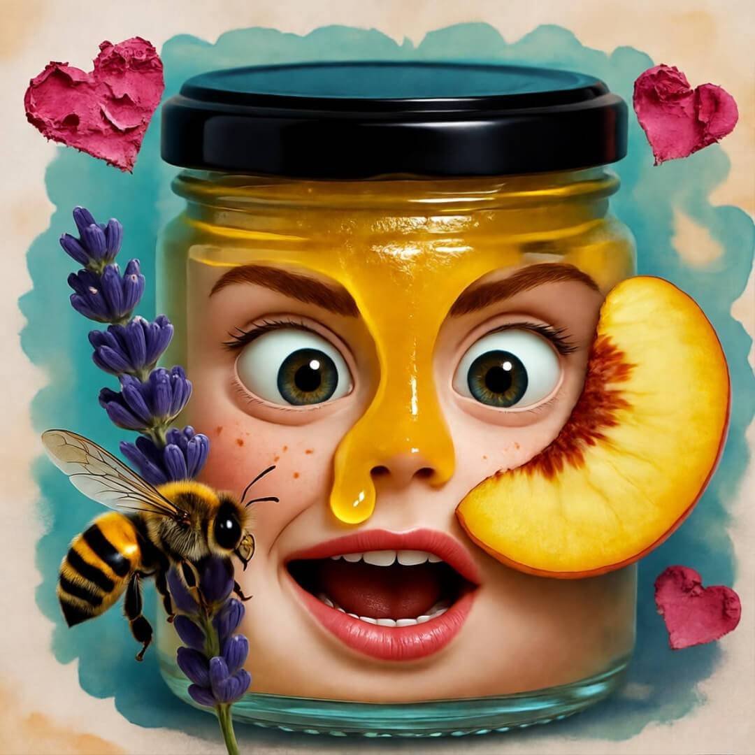 Natural Skincare Products That Actually Work for Sensitive Skin Quirky jar of glowing balm spills on cheek, bee on lavender, peach mask, rose petal hearts.