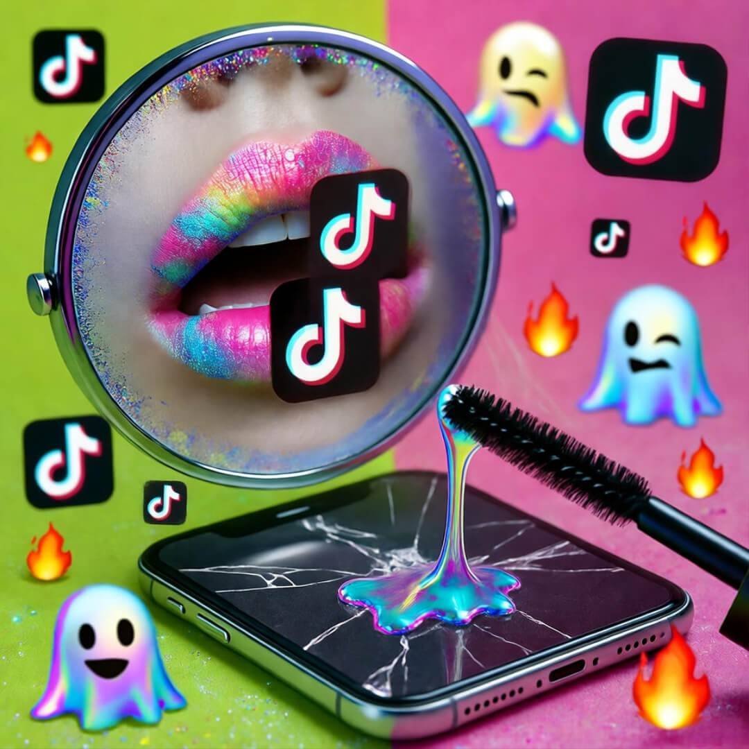 Makeup Trends in 2025 That Are Blowing Up on TikTok Glitter mirror reflects neon lip, TikTok icons, dripping mascara on cracked phone.